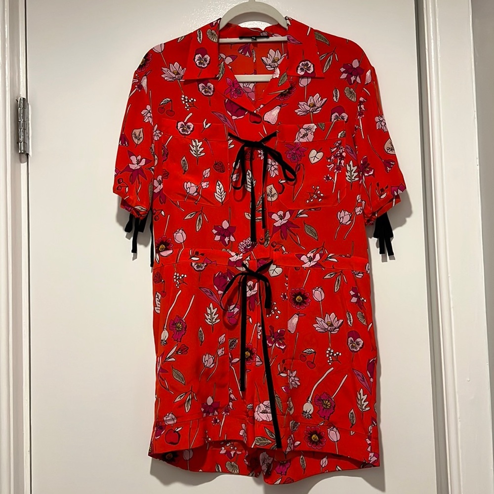 Markus Lupfer Red Silk Floral Romper Jumpsuit